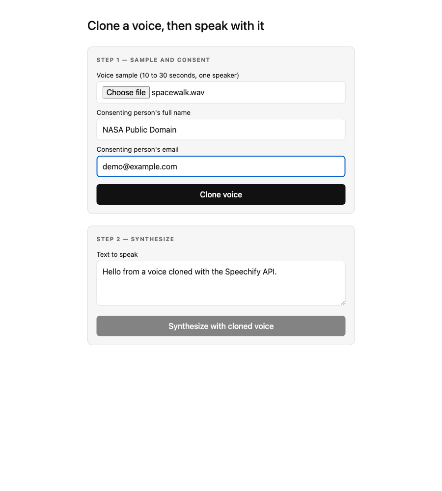 The same app with the form filled in: the file picker shows spacewalk.wav selected, the full name field reads 'NASA Public Domain', and the email field reads 'demo@example.com', with the Clone voice button ready below.