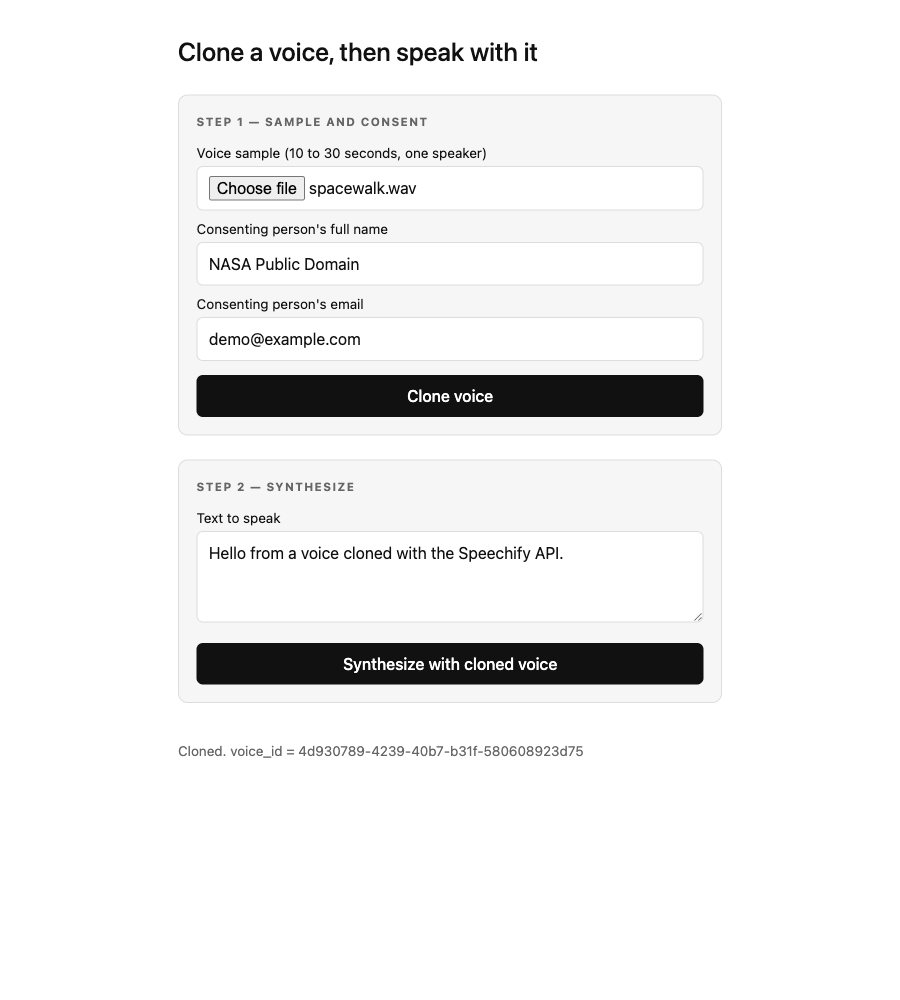 The app after a successful clone: the sample and consent fields are still filled, and the status line reads 'Cloned. voice_id = ...' with the returned voice id, while the Synthesize button in step two is now enabled.