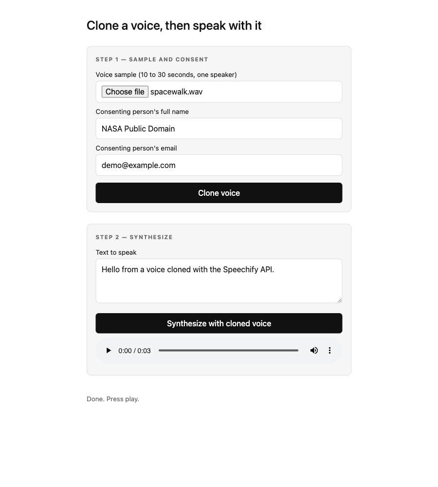 The app after a successful run: the form still shows spacewalk.wav and the consent details, and the Step 2 card now has an enabled audio player showing a three-second clip, with the status line reading 'Done. Press play.'