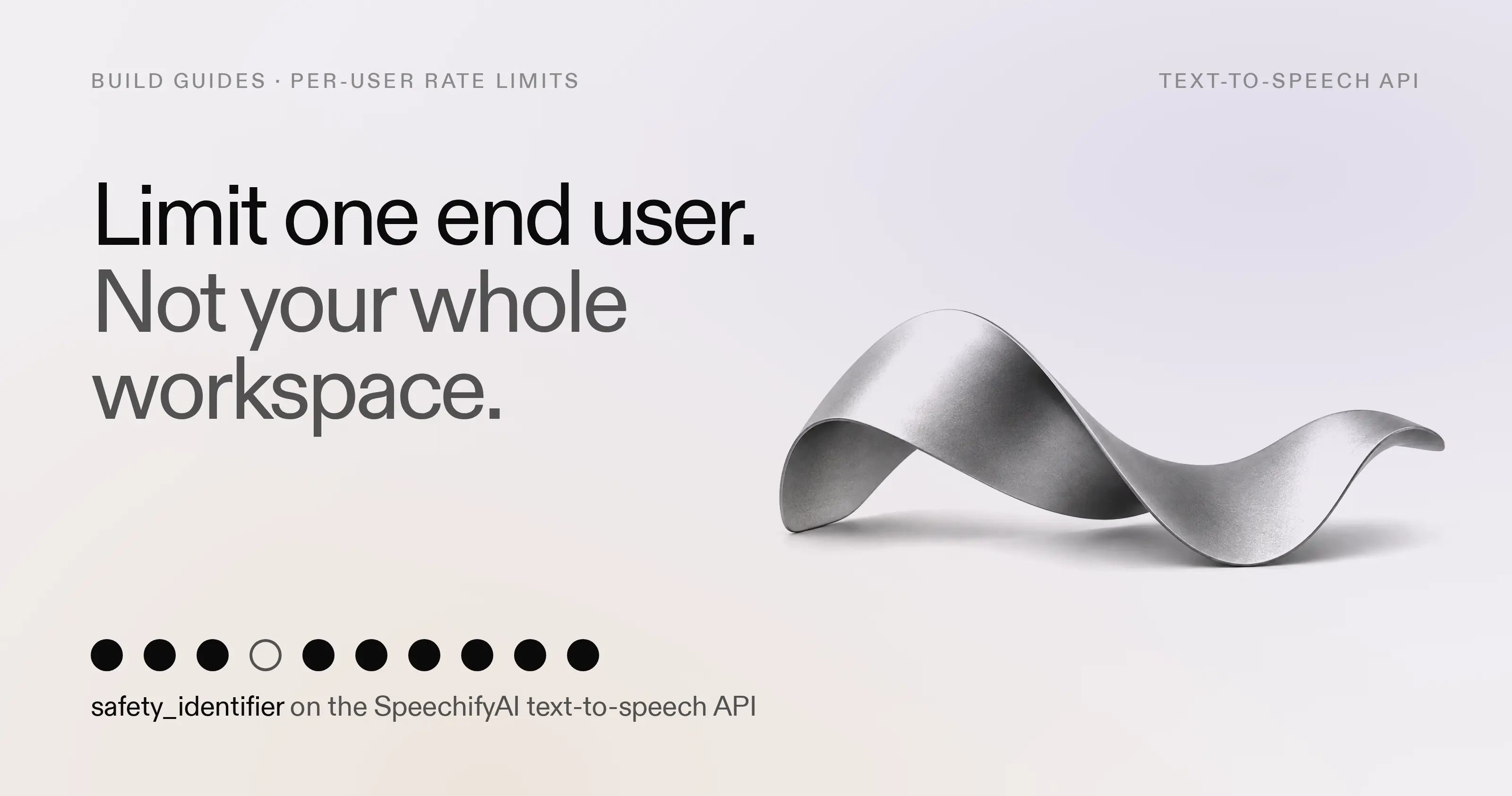 The Simba 3.2 sculpture, a satin silver wave crest, beside the headline Limit one end user, not your whole workspace, above a row of ten end users drawn as dots, one of them hollow, and the line safety_identifier on the SpeechifyAI text-to-speech API.