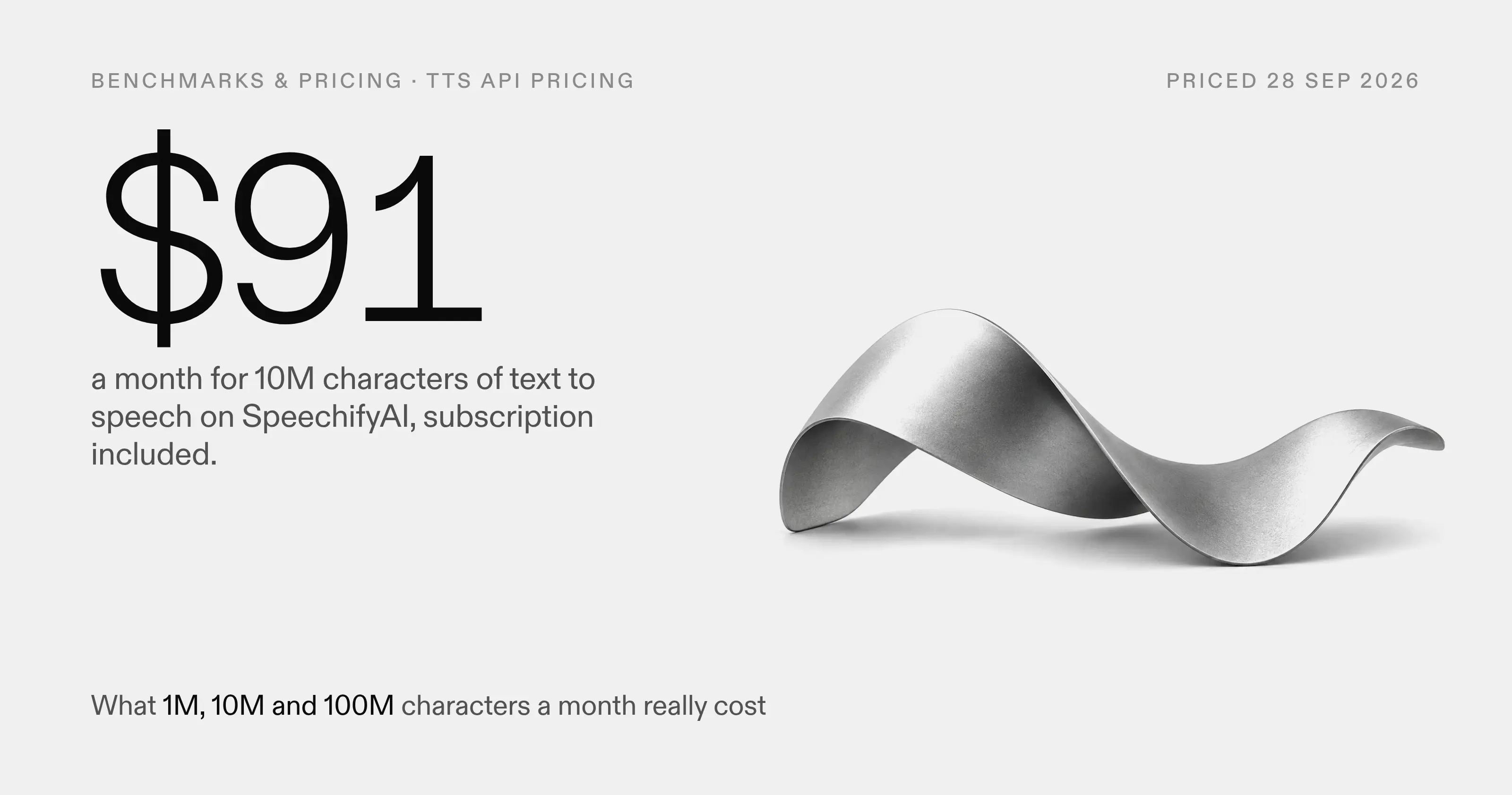 The Simba 3.2 sculpture, a satin silver wave crest, beside the figure $91 a month for 10M characters of text to speech on SpeechifyAI, subscription included, priced on 28 September 2026.