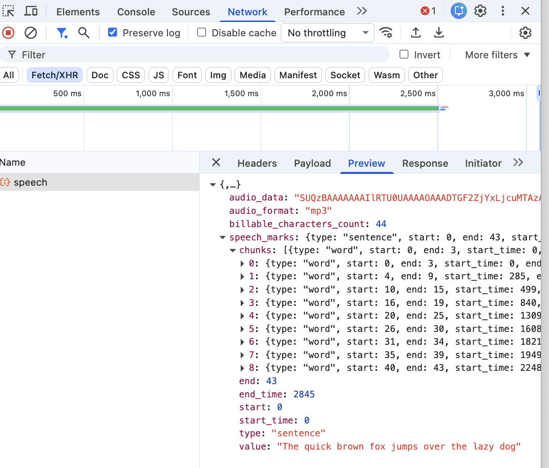 Chrome DevTools network panel previewing the /v1/audio/speech JSON response. The audio_data field shows a truncated base64 string alongside an expanded speech_marks.chunks array of nine word-level entries, each with start_time and end_time.