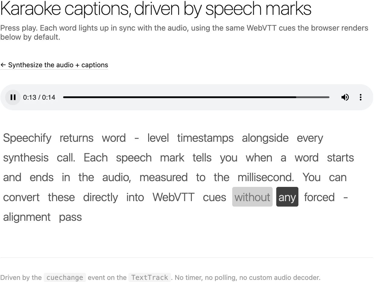 Speechify karaoke captions demo showing a browser audio player and transcript, with the word 'any' highlighted as the audio plays.