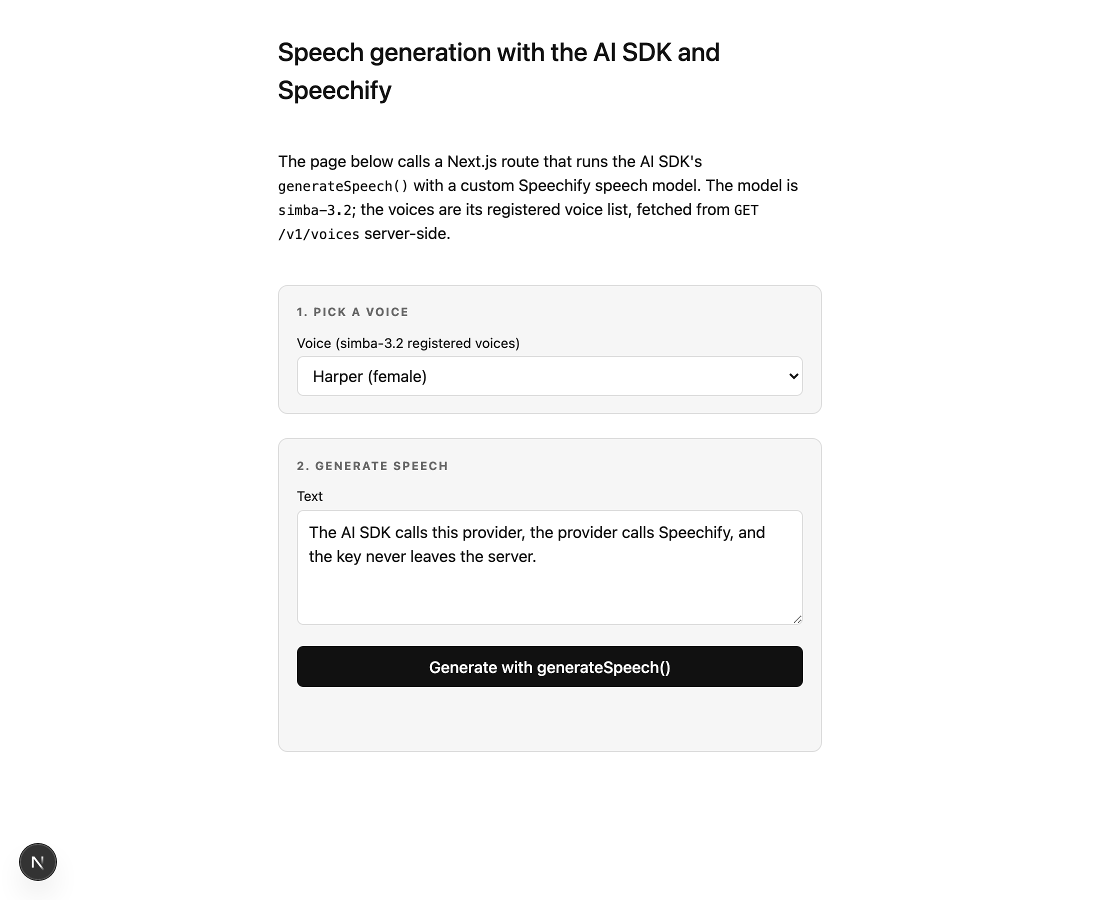 The demo page on first load. A heading reads 'Speech generation with the AI SDK and Speechify', followed by a Pick a voice step with a select showing 'Harper (female)', and a Generate speech step with a text area pre-filled with a sentence and a 'Generate with generateSpeech()' button.