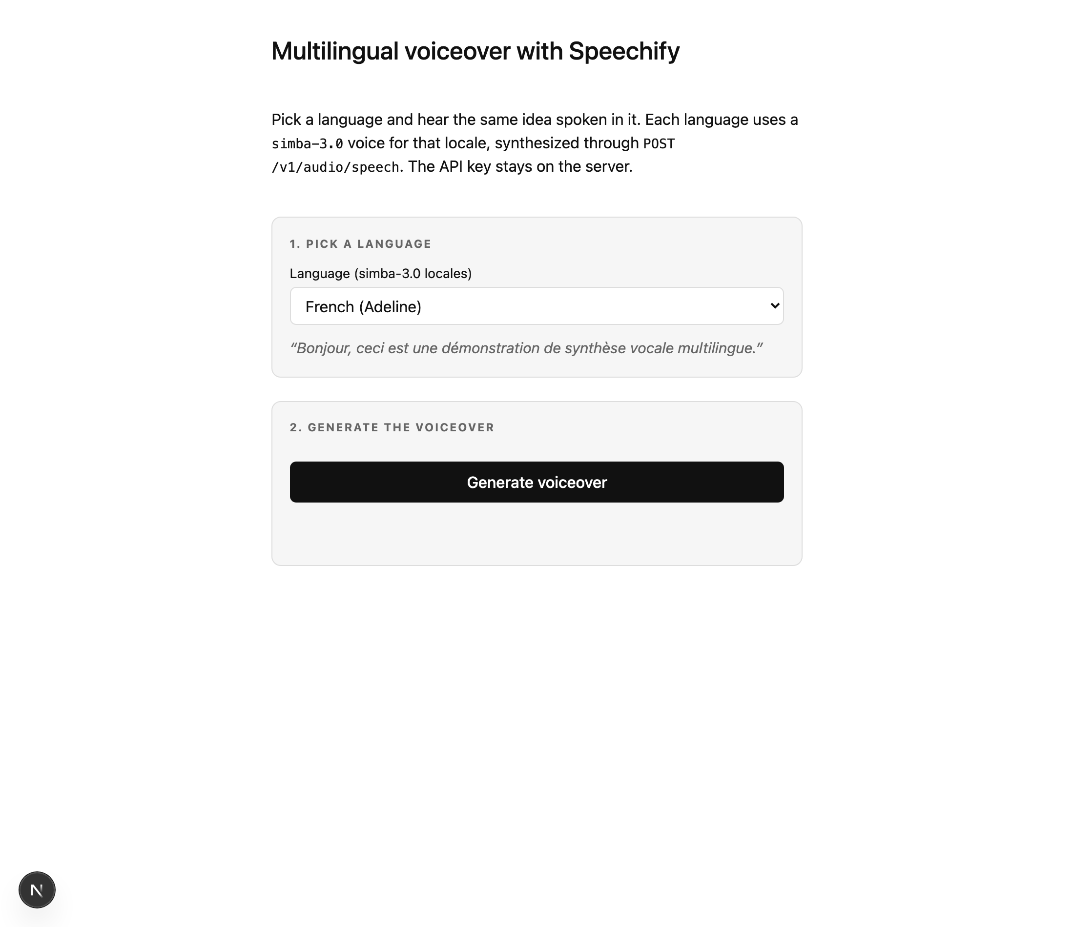 The multilingual voiceover demo on load. A heading reads 'Multilingual voiceover with Speechify'. A Pick a language step shows a select set to 'French (Adeline)', with the line it will speak below it in italics: 'Bonjour, ceci est une démonstration de synthèse vocale multilingue.' A Generate voiceover button sits under it.