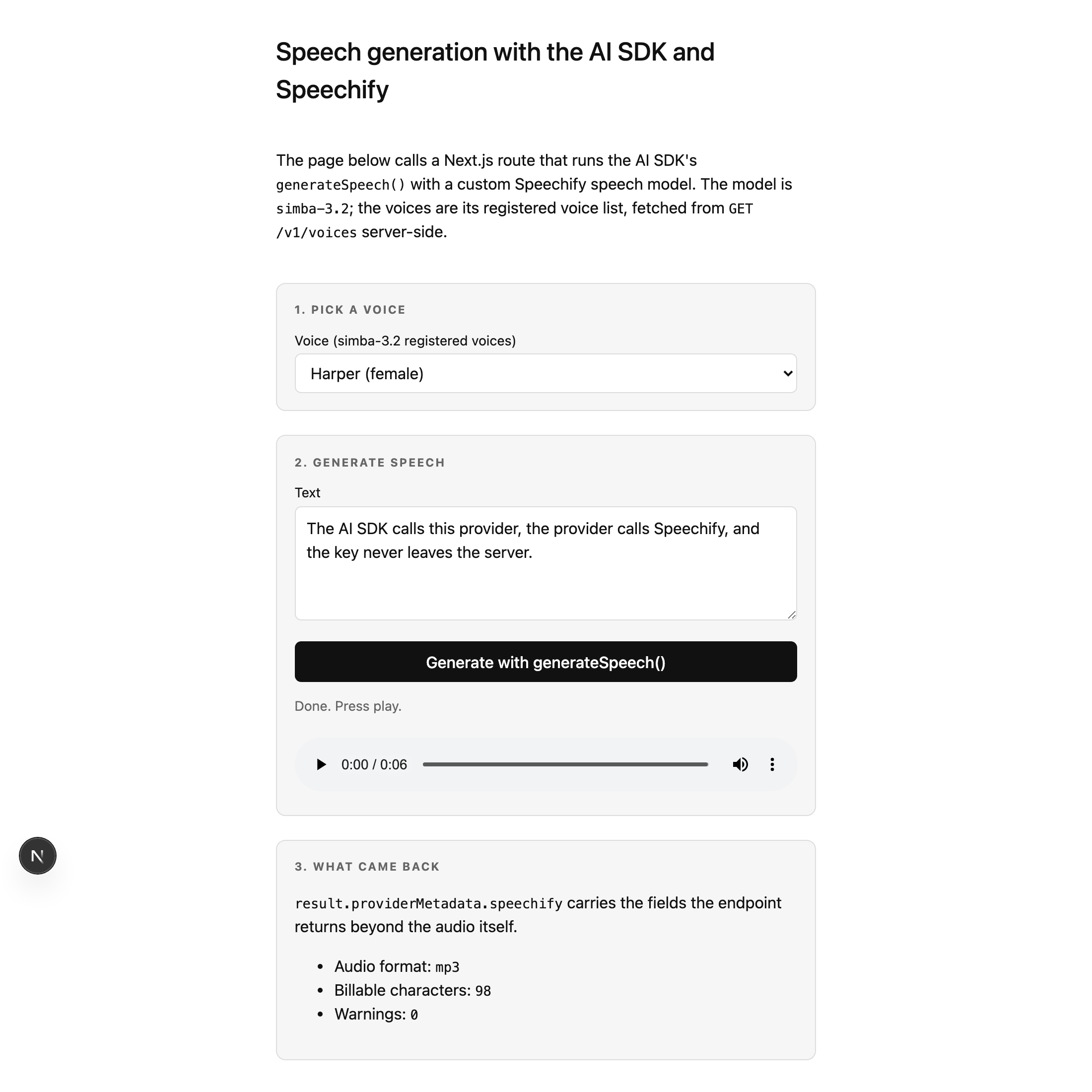 The demo after generating. The Generate speech step now shows an audio player, a status line reading 'Done. Press play.', and a 'What came back' step listing Audio format mp3, Billable characters 98, and Warnings 0.