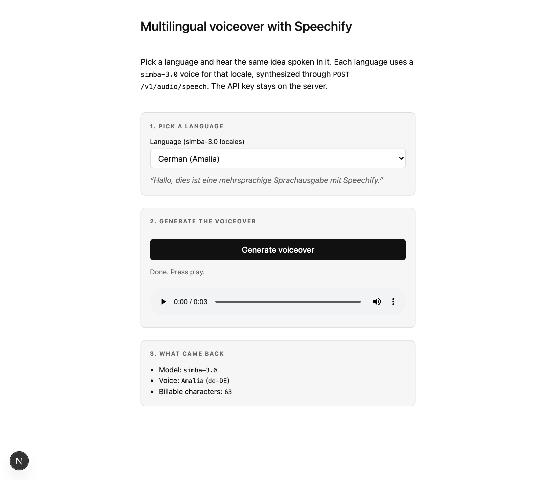 The demo after generating German. The language select shows 'German (Amalia)' with the German sample line. An audio player reads 0:00 / 0:03. A 'What came back' panel lists Model simba-3.0, Voice Amalia (de-DE), and Billable characters 63.