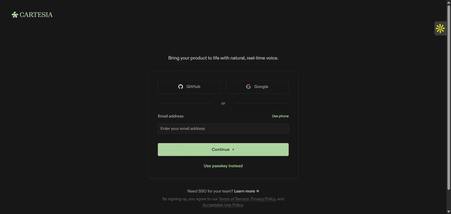 Cartesia playground sign-in wall requiring GitHub, Google or email before any custom text can be synthesized