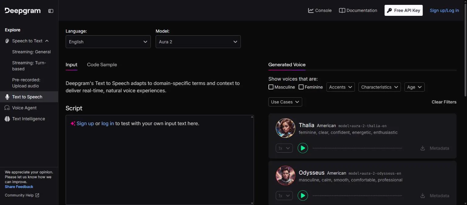 Deepgram playground text-to-speech tab with Aura-2 selected, a filterable voice list, and a sign-up prompt on the script field