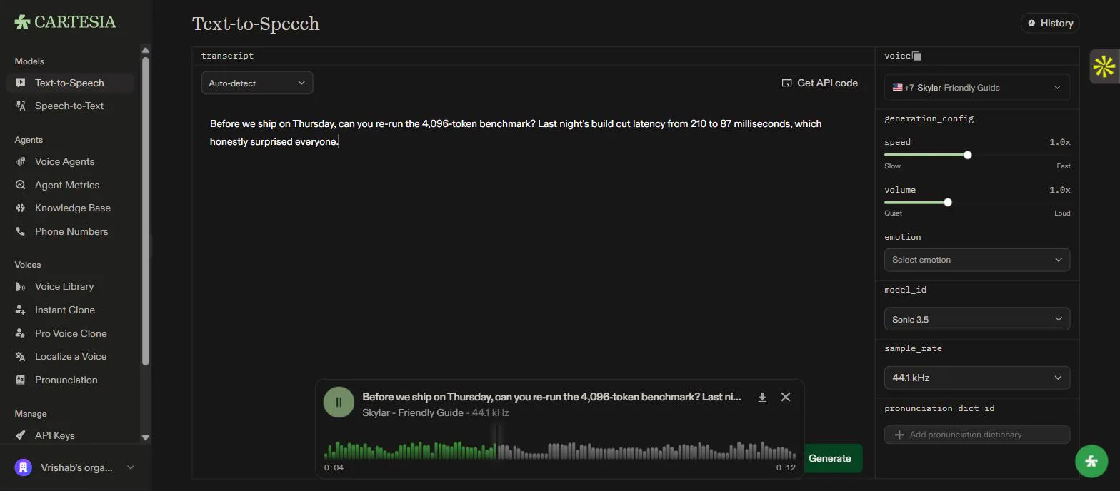Cartesia Text-to-Speech playground with the test passage synthesized on Sonic 3.5 and playing back as a waveform