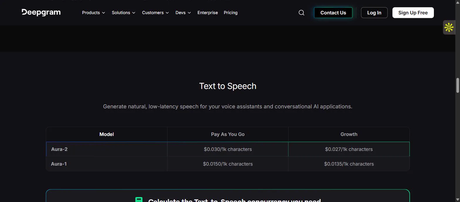 Deepgram text-to-speech pricing table showing Aura-2 at 0.030 dollars per 1K characters and Aura-1 at 0.0150 dollars per 1K characters