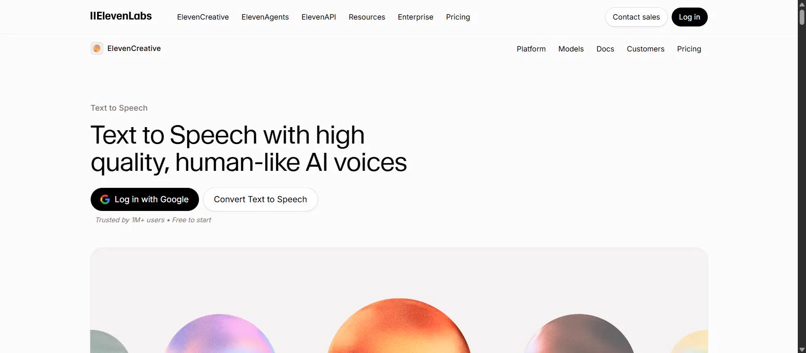 ElevenLabs text-to-speech page headlined with human-like AI voices and a Log in with Google button as the primary call to action