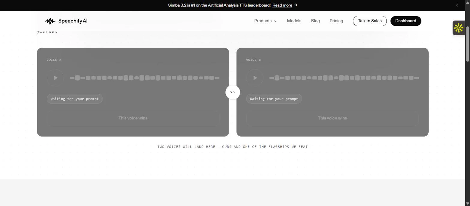 SpeechifyAI homepage blind-test demo with two unlabeled voice players, VOICE A versus VOICE B, and a this-voice-wins choice