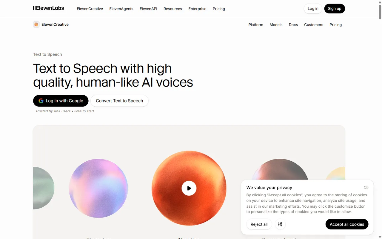 ElevenLabs text-to-speech page showing voice preview buttons and a sign-up wall requiring Google login before converting custom text