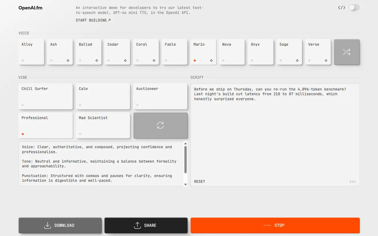 openai.fm playground with the test sentence entered in the script field, Marin voice selected and a professional vibe prompt describing tone and pacing