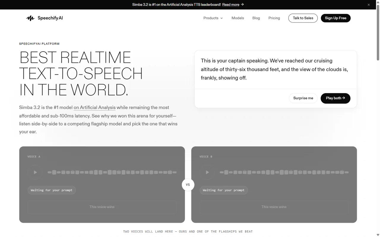 SpeechifyAI homepage blind-test demo with a sample passage ready to synthesize and two unlabeled voice slots for comparison