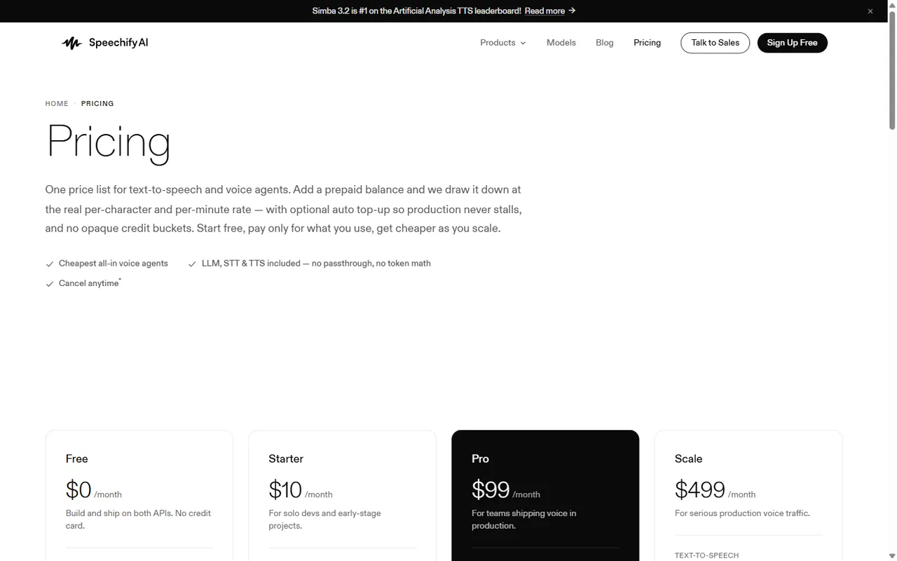 SpeechifyAI pricing page showing Free, Starter ten dollar, Pro ninety nine dollar and Scale four ninety nine plans with included characters and voice agent minutes