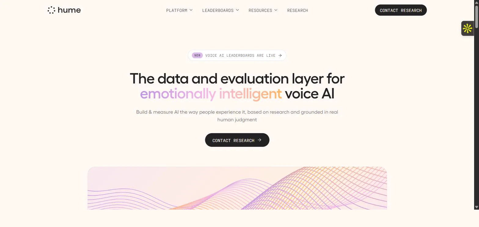 Hume AI homepage headlined the data and evaluation layer for emotionally intelligent voice AI with a Voice AI Leaderboards are live badge