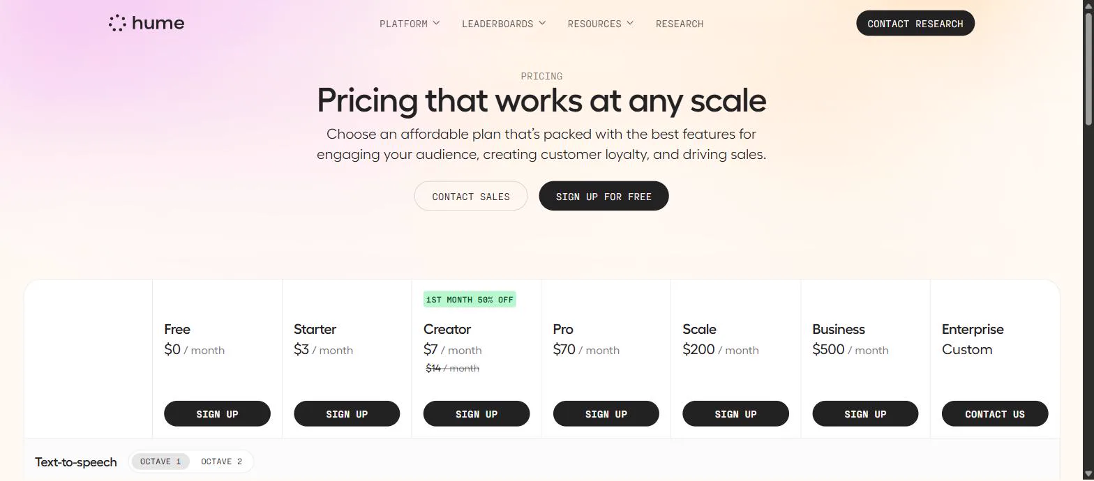 Hume AI pricing table showing Free through Enterprise plans with Octave text-to-speech included characters and per-thousand-character overage rates