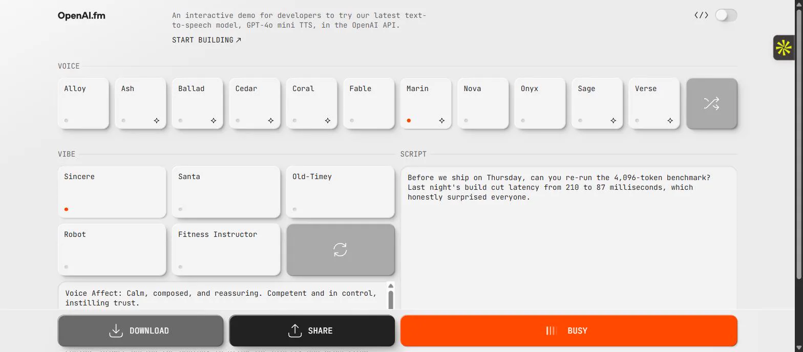 openai.fm playground with the test passage entered in the script field, Marin voice selected and a Sincere vibe prompt, synthesizing