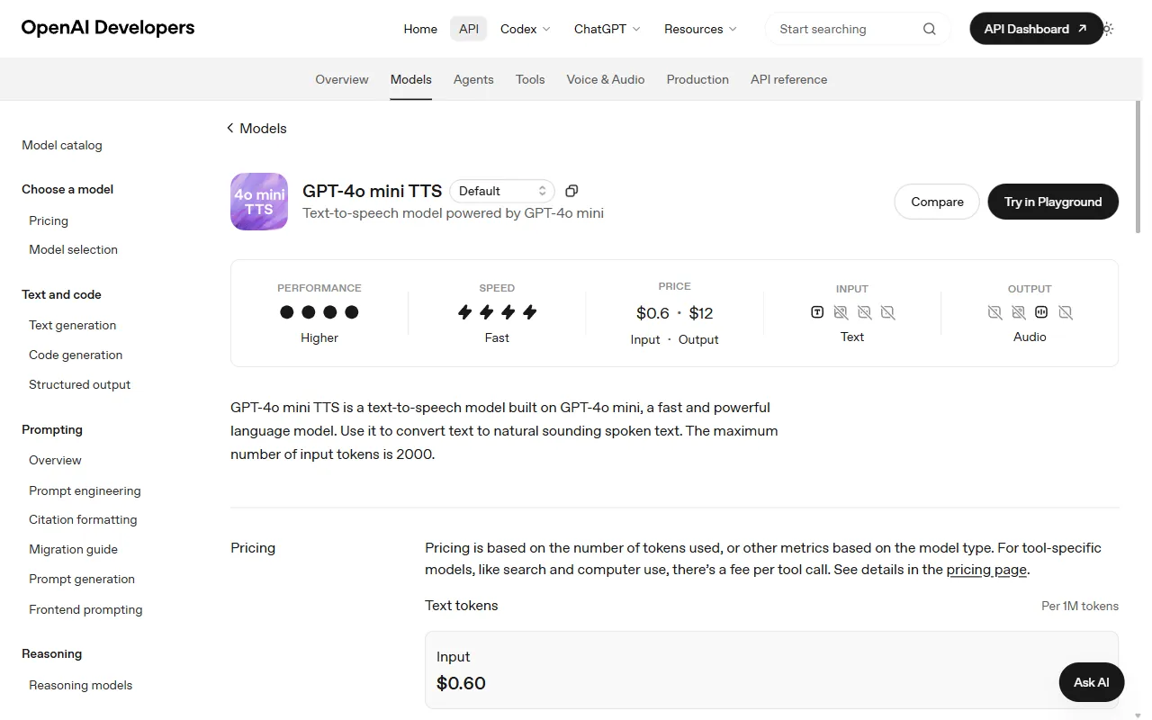 OpenAI gpt-4o-mini-tts model page showing 60 cent input and 12 dollar output token pricing and the 2000 maximum input token limit