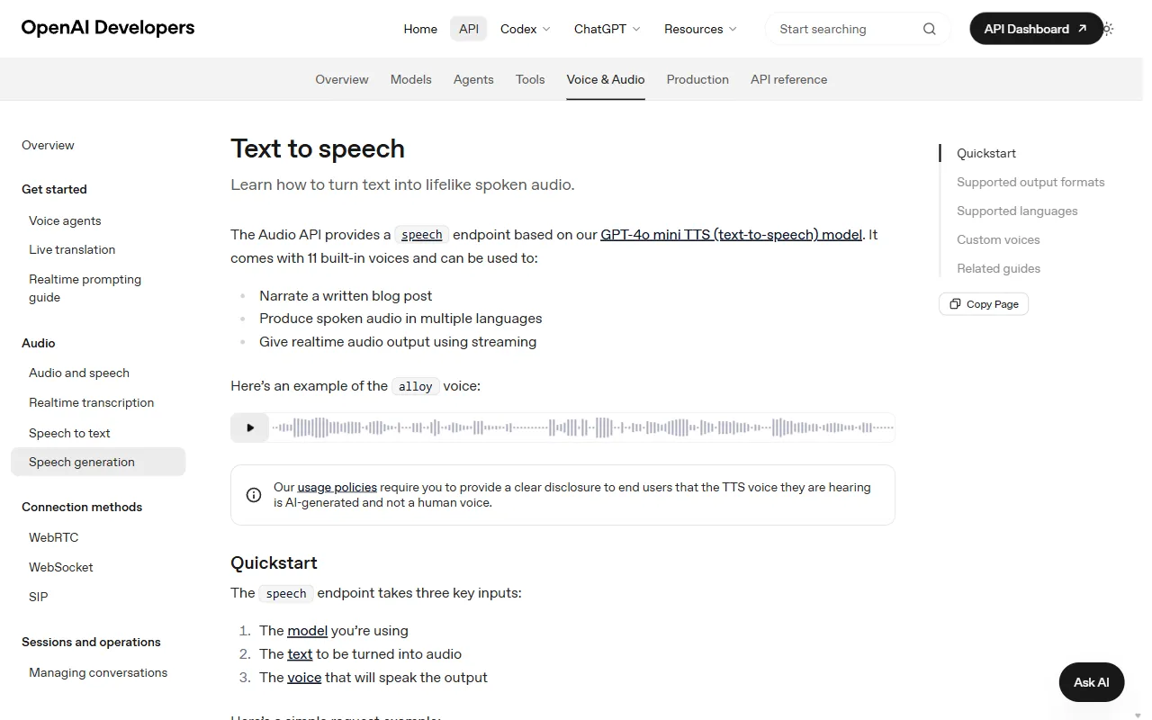 OpenAI text-to-speech documentation page describing the speech endpoint with 11 built-in voices and streaming support
