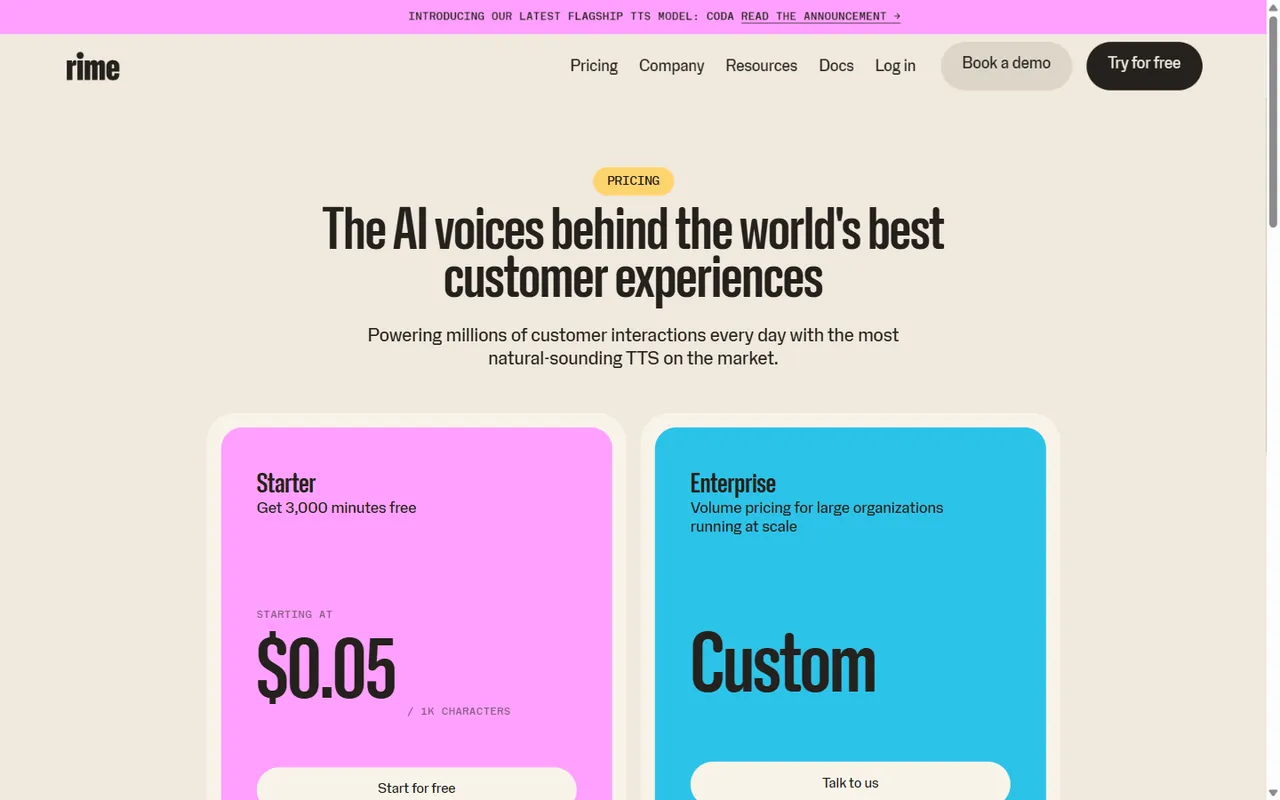 Rime pricing page showing Starter at five cents per thousand characters with 3000 free minutes and an Enterprise tier with on-prem cloud and VPC options