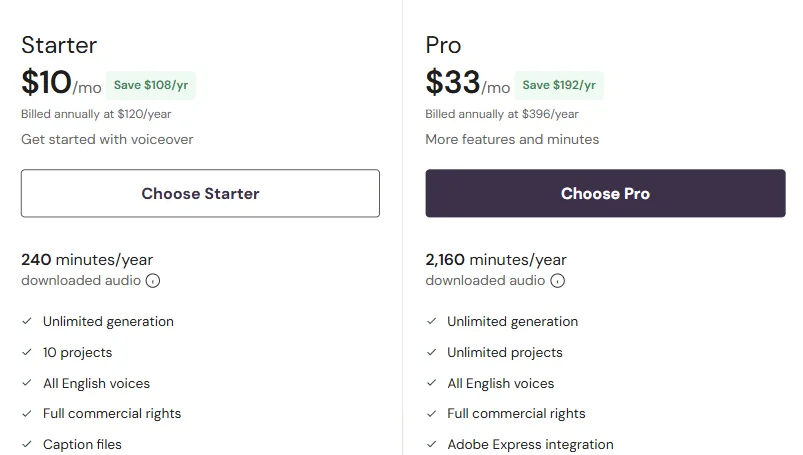 WellSaid pricing page showing the Starter tier at 10 dollars per month with 240 minutes per year of downloaded audio, and the Pro tier at 33 dollars per month with 2,160 minutes per year, both listing unlimited generation alongside the capped download allowance